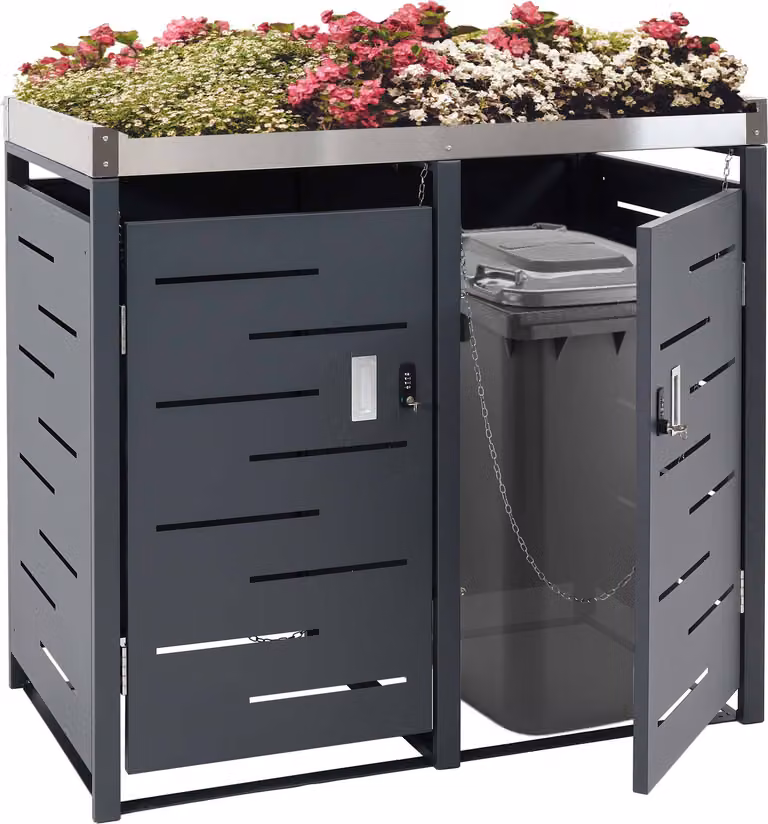Copertura per 2 bidoni della spazzatura MCW-H40b, box per bidoni della spazzatura, fioriera combinata in acciaio inossidabile e metallo, 39 kg, 110x115x62 cm, espandibile