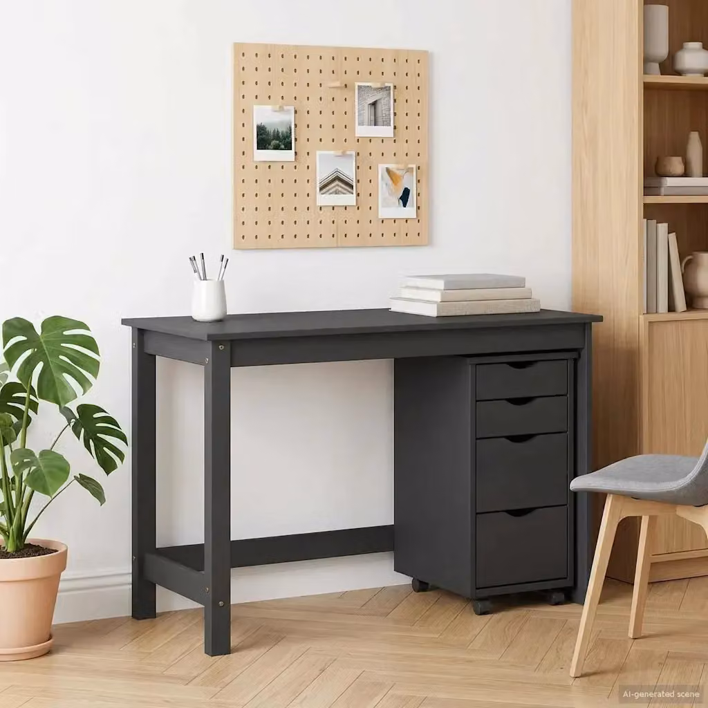 Set Scrivania MOSS composta da Tavolo da Ufficio e Mobiletto su Ruote Grigio con Piano in Legno e Finitura Opaca L: 112 cm, P: 50 cm, H: 75 cm – 2