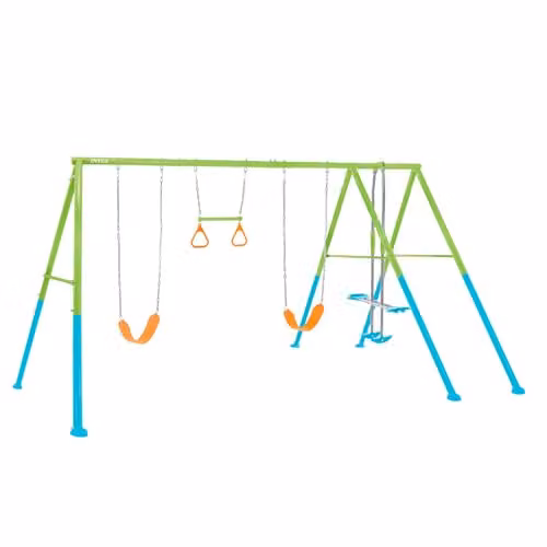 Intex 44130 - Altalena con Due Seggiolini, Dondolo e Trapezi, Acciaio, Verde e Azzurro, 465x249x203 cm