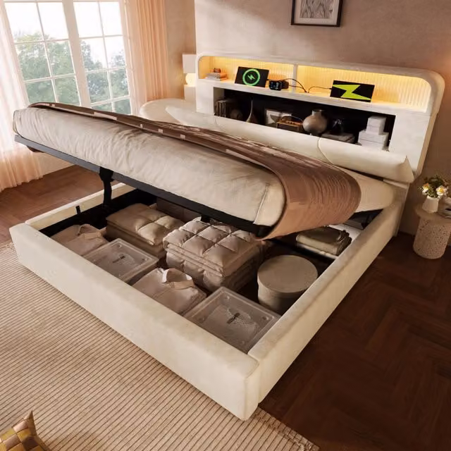 Letto contenitore 180x200 cm in velluto beige con LED USB Type-C, senza materasso