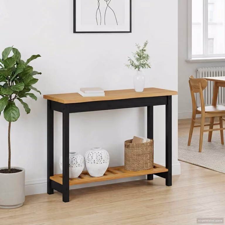 vidaXL Tavolo consolle EKAI in legno di pino nero con scaffale, stile industriale, L 112 x P 35 x H 76 cm