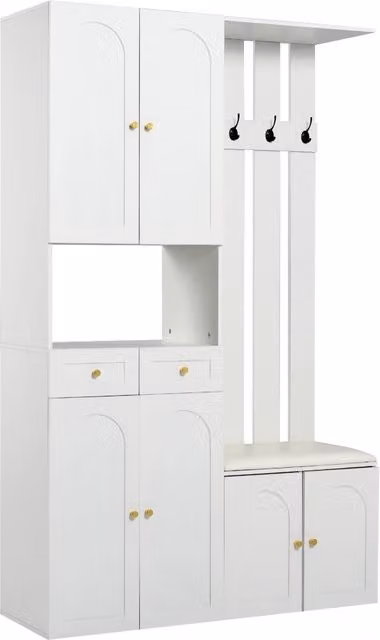 Set mobile da ingresso bianco con panca, scarpiera, 4 ganci, 6 ante e 2 cassetti (110x180x37 cm)