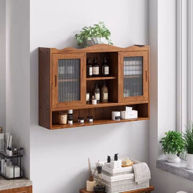 Mobile pensile 90x20x60 cm con ante scorrevoli in legno e vetro marrone