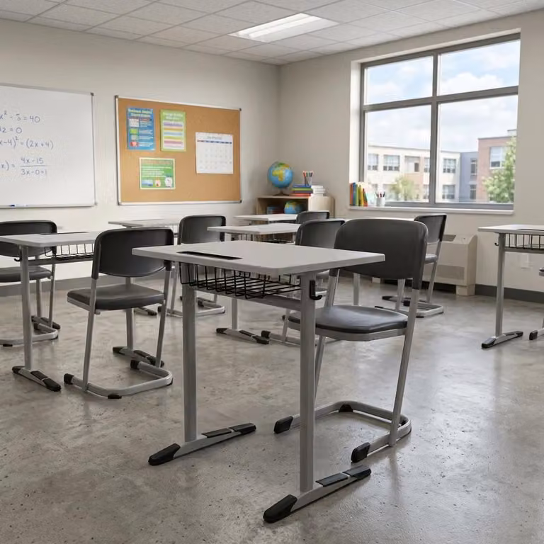 Set scolastico moderno ed ergonomico, grigio: banco da scuola nero e sedia, tavolo singolo