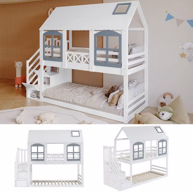 Letto a castello per bambini 90x200 cm con tetto; finestre e scala contenitore; pino e MDF; bianco e grigio