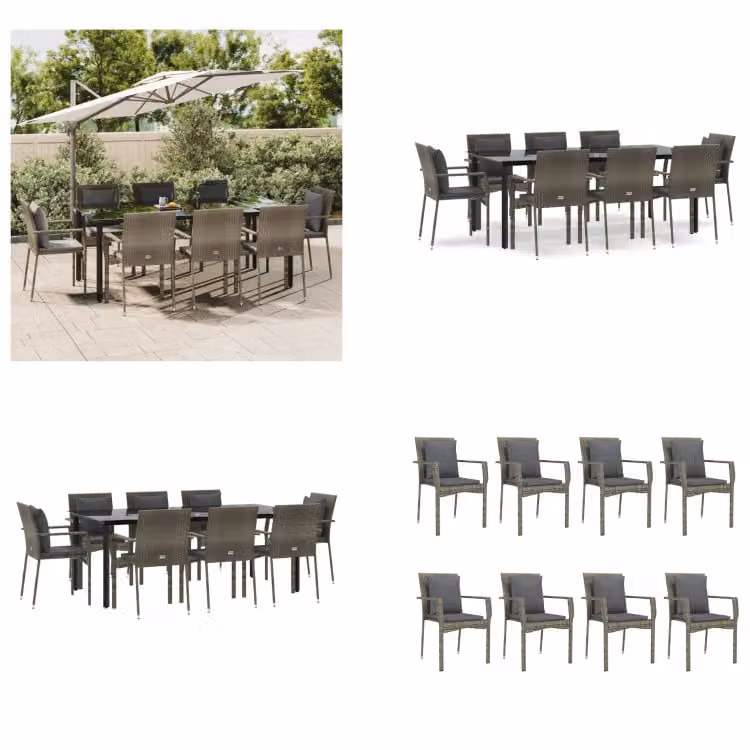 vidaXL Set da pranzo da giardino 9 pezzi con cuscini in poly rattan nero e grigio - Set da pranzo da giardino - Set da pranzo da giardino - Set da pranzo da terrazza