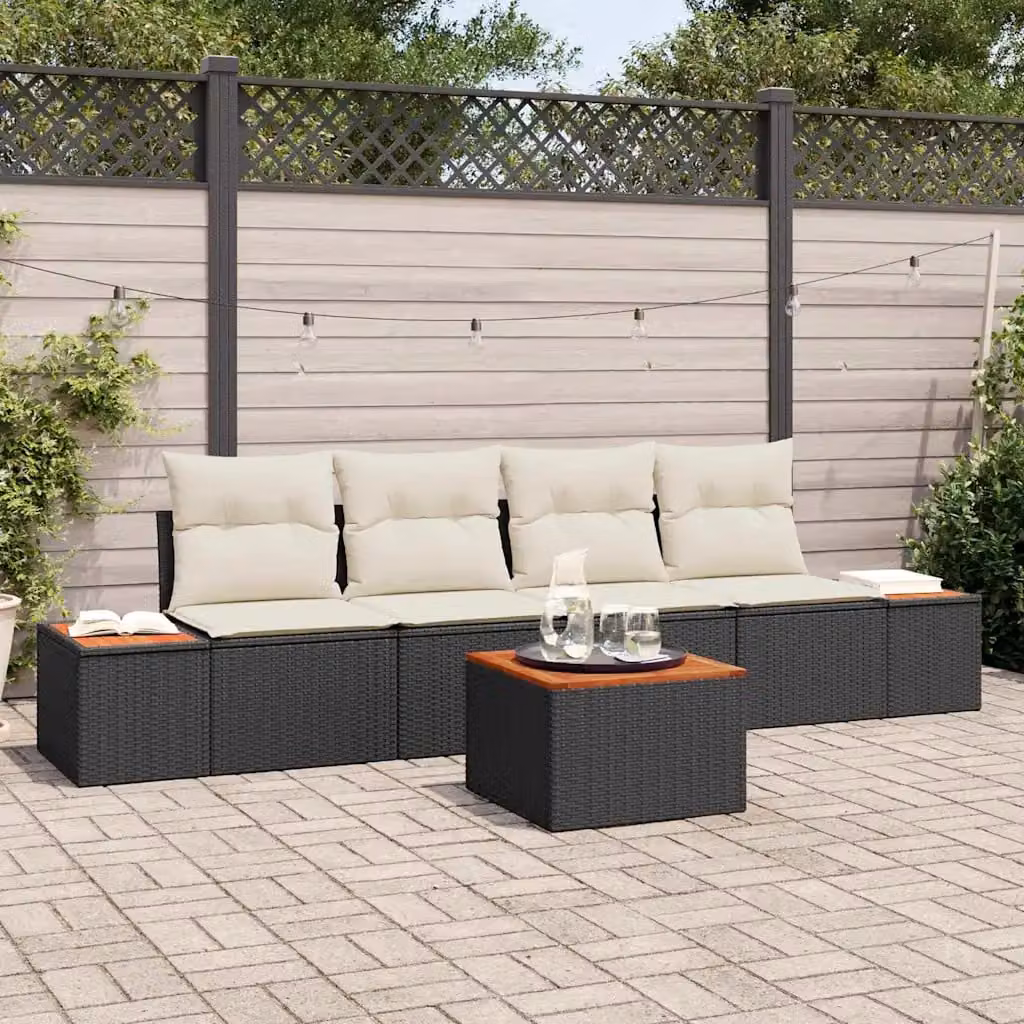 Set Divano da Giardino vidaXL 5 Pezzi in Polyrattan Nero con Cuscini e Tavolino – 1
