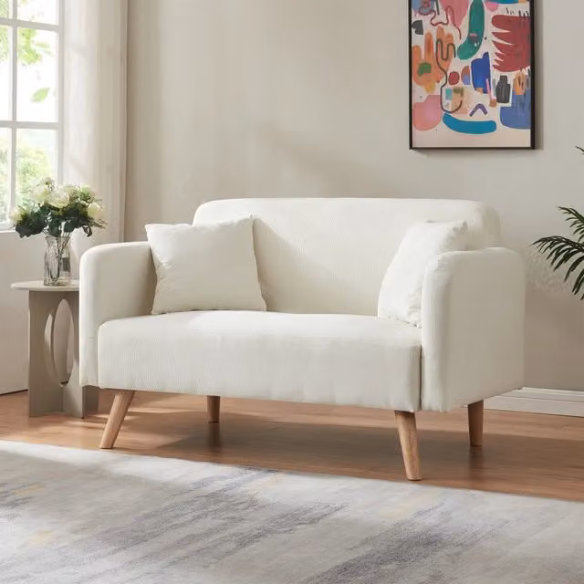 Divano a 2 posti Midt en.casa in velluto a corde beige con 2 cuscini e struttura in legno massello L: 132 cm, P: 80,5 cm, H: 70 cm