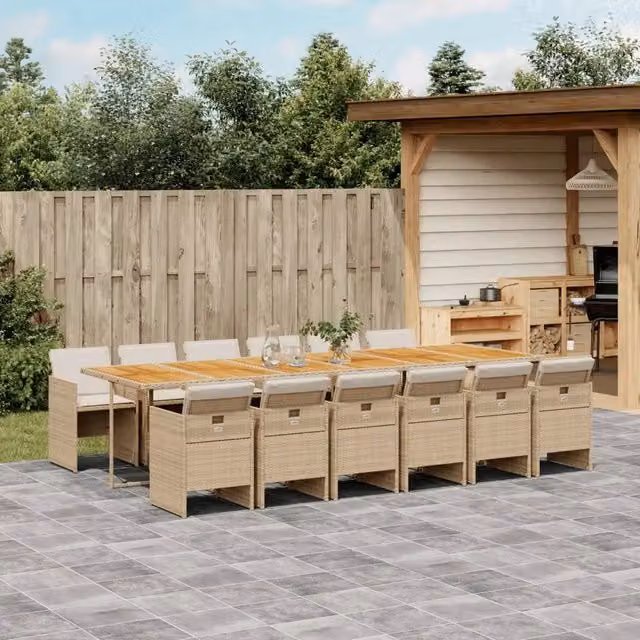 Set da pranzo da giardino vidaXL in polyrattan e legno di acacia con 13 pezzi e cuscini beige – 1