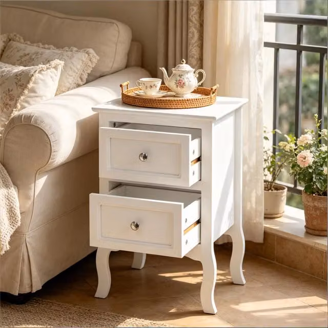 Desviae Comodino moderno con due cassetti in MDF bianco e maniglie in metallo per camera da letto 40 × 60 × 30 cm