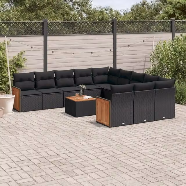 Set di Divani da Giardino 12 Pezzi vidaXL in Polyrattan Nero con Cuscini e Tavolino da Caffè