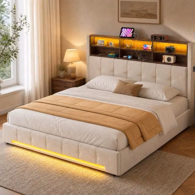 Letto imbottito 180x200 cm beige in velluto con LED, USB-C e vano contenitore