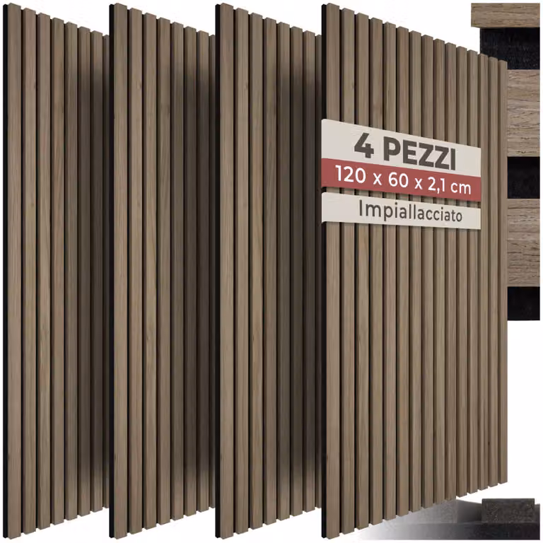 Set di 4 pannelli acustici Sonic Wall tectake effetto legno marrone in MDF, L: 120 cm, H: 60 cm, P: 5,4 cm