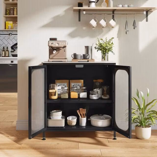 Credenza Mobile Buffet con Ante Semitrasparenti e Ripiano Regolabile a 4 Livelli in Acciaio per Casa Cucina e Soggiorno, Nero