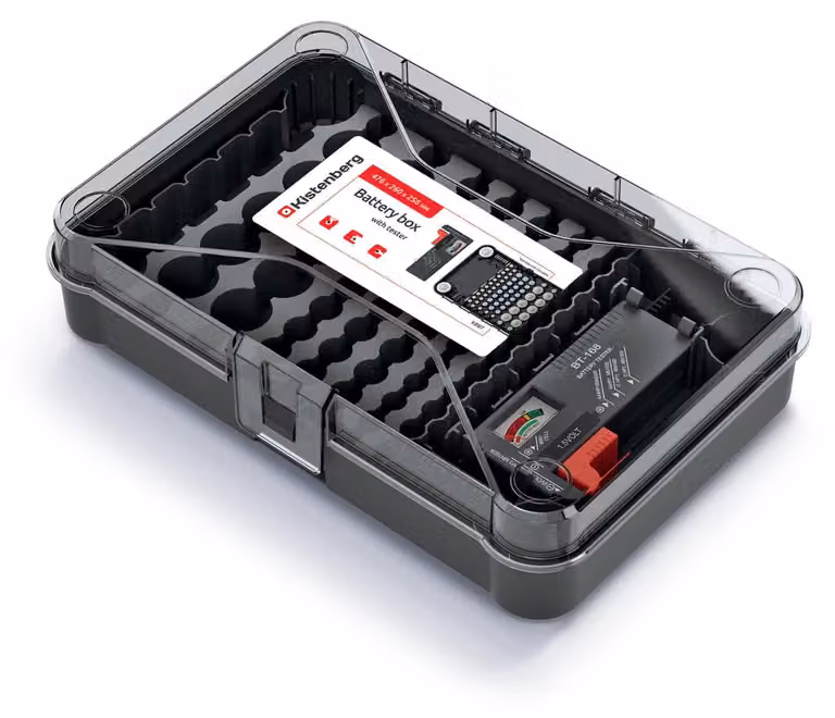 Organizzatore per batterie con tester per batterie e scomparti removibili