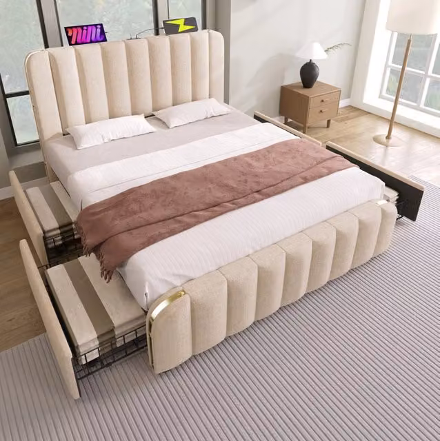 Letto matrimoniale con testiera imbottita, inserti dorati e ricarica USB Tipo-C, 160x200 cm, tessuto lino beige con 4 cassetti
