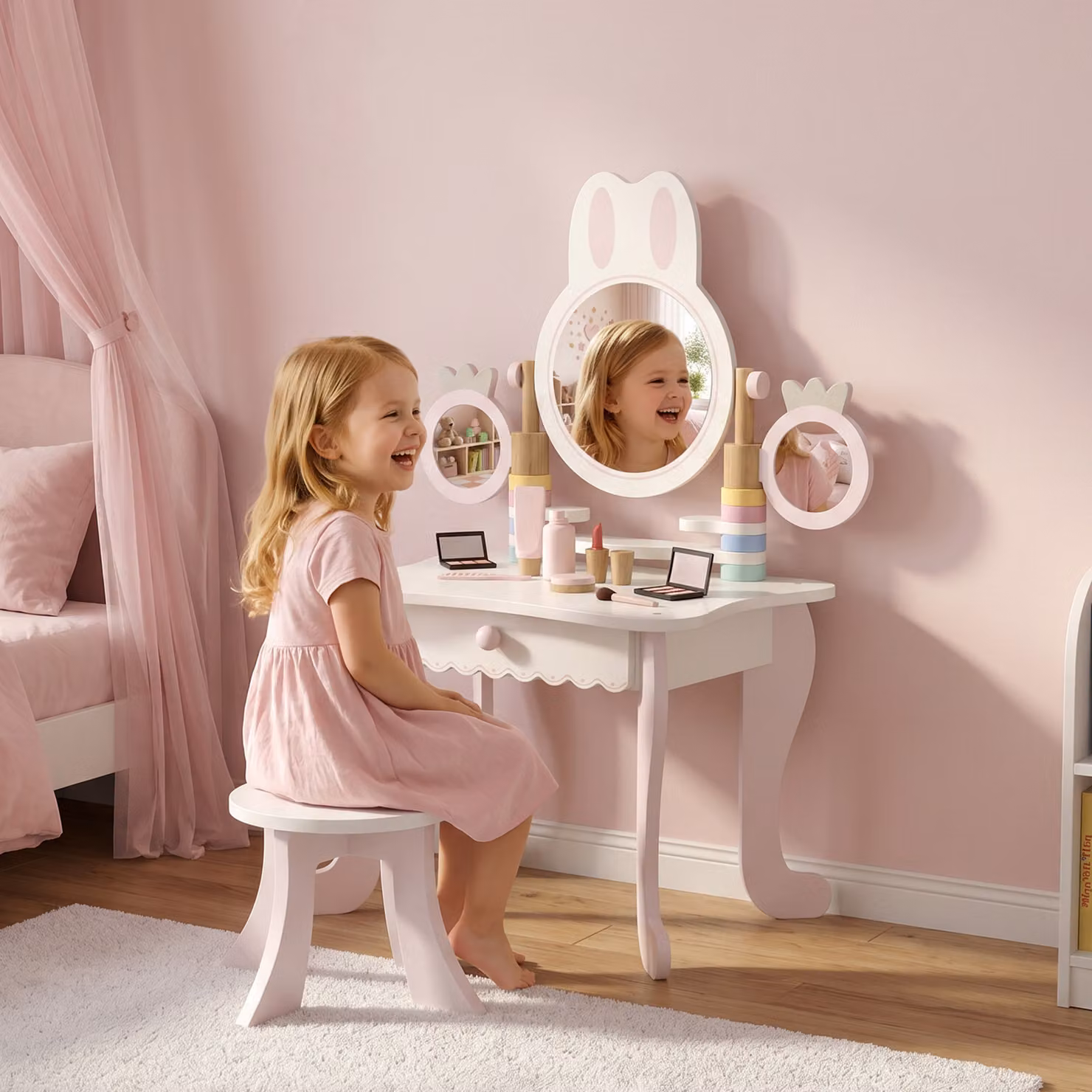 Set da Trucco per Bambina AIYAPLAY con Sgabello, 3 Specchi e 5 Accessori, Postazione di Bellezza in Legno con Cassetto, Rosa – 2