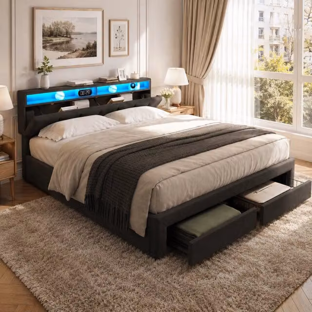 Letto matrimoniale 160x200 cm imbottito lino grigio scuro, testiera contenitiva RGB, vano idraulico + 2 cassetti, portata massima 300kg per camera da letto