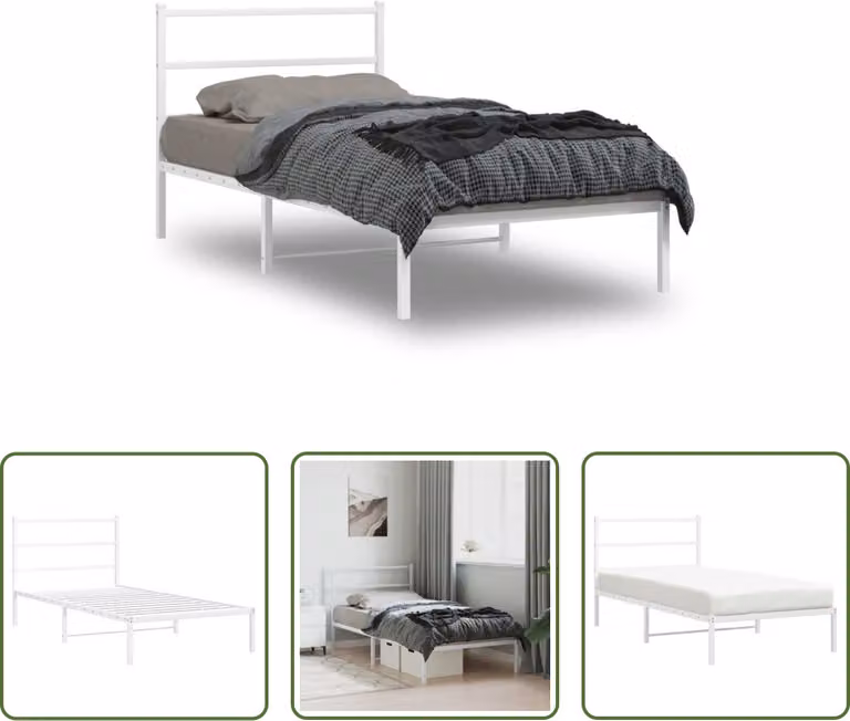 The Living Store Struttura letto con testiera in metallo bianco 100x190 cm