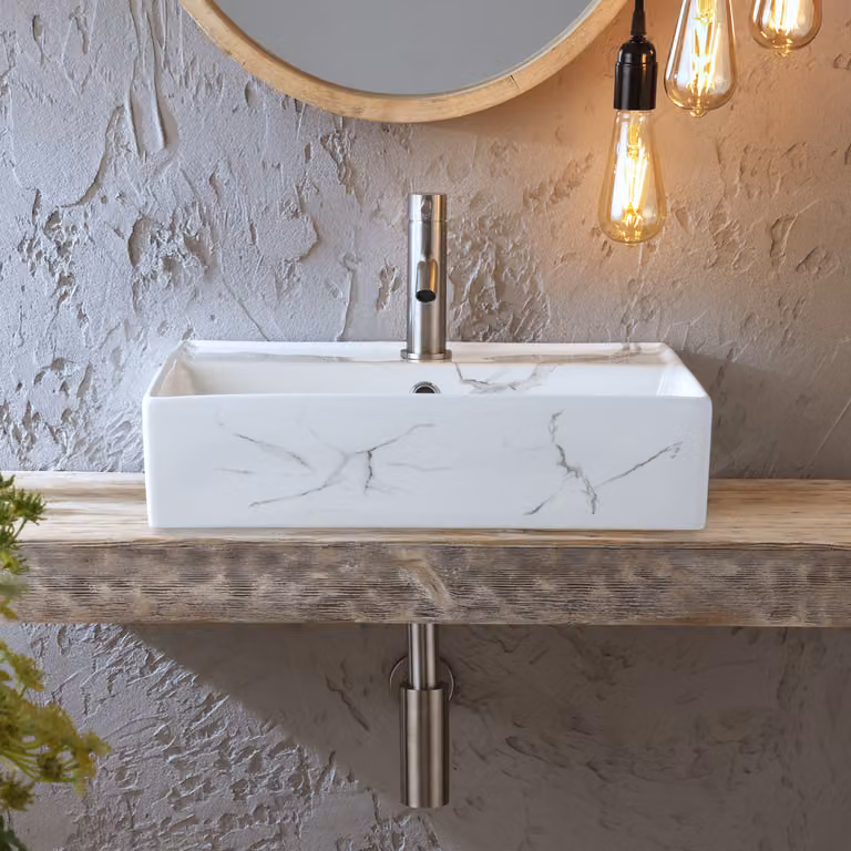 Lavabo d'Appoggio Rettangolare Effetto Marmo - 500mm x 350mm (1 Foro per la Rubinetteria)