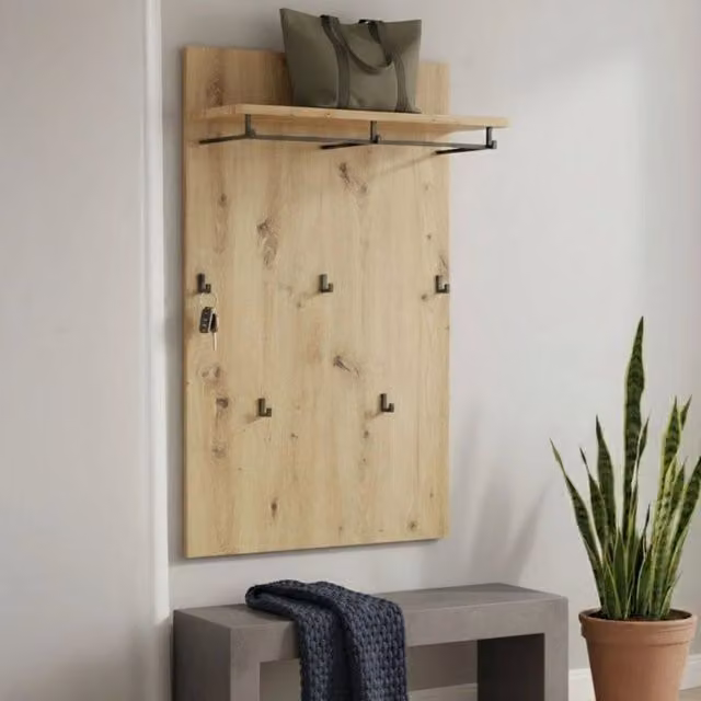 Appendiabiti Chianni con 5 Ganci in Legno e Metallo, Colore Marrone Rovere, L 78 cm x H 115 cm x P 24 cm