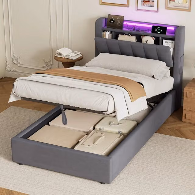 Letto imbottito 90x190cm con prese elettriche, letto contenitore in velluto con contenitore e luce LED, senza materasso