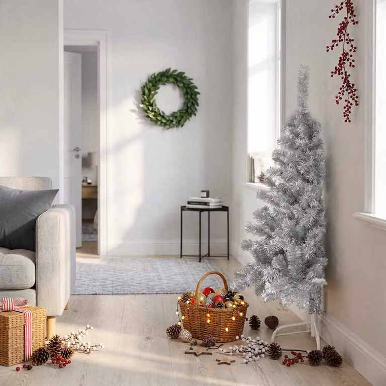 vidaXL Albero di Natale a Metà con Supporto Argento 120 cm PET