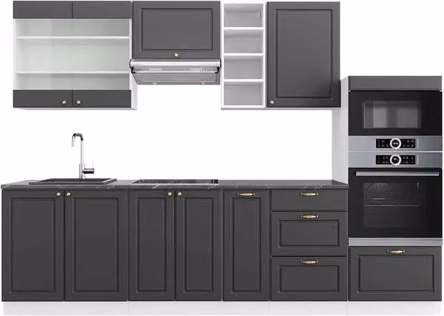Cucina componibile moderna Fame-Line Vicco, colore antracite, oro e bianco, L: 280 cm – 1