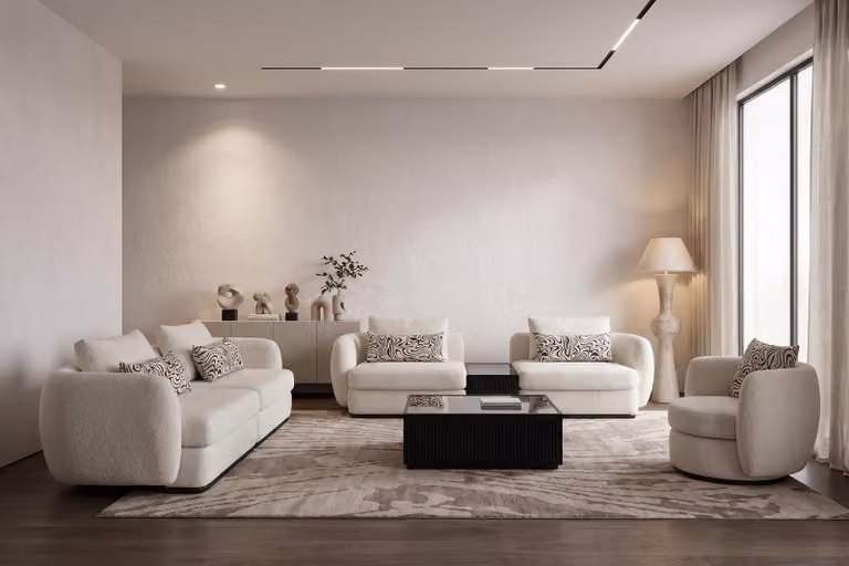 Set di divano e poltrona moderni, bianchi e crema, eleganti, imbottiti
