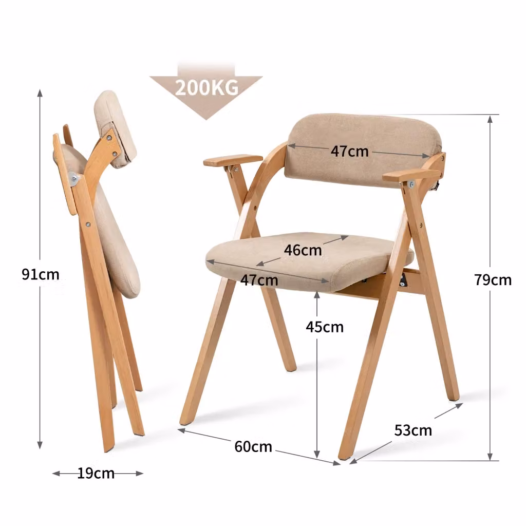 Set da 2 sedie pieghevoli OKWISH in legno massiccio con braccioli e seduta imbottita in tessuto beige – 2