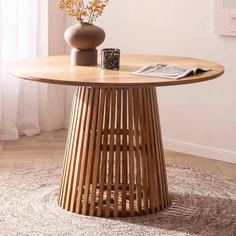 FineBuy tavolo da pranzo rotondo Ø 120 cm in legno massiccio di mango naturale - tavolo moderno in legno con struttura a traliccio, tavolo da pranzo di design per 4 persone, tavolo da cucina massiccio