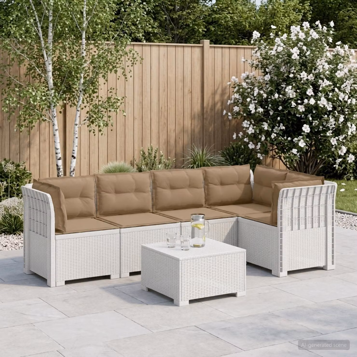 vidaXL Divano da Giardino a L per 5 Persone in Stile Rattan con Cuscini Imbottiti, Colore Bianco e Beige, Resistente alle Intemperie e ai Raggi UV