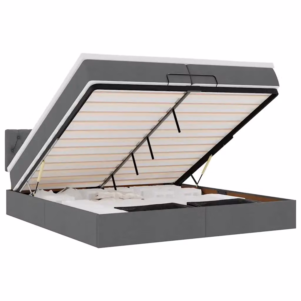Letto con contenitore a sollevamento e pouf vidaXL in tessuto grigio e bianco, dotato di illuminazione sottostante e porta USB, L/P/H: 200 x 200 x 280 cm – 2