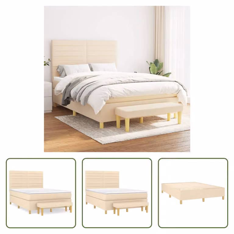 The Living Store Letto a molle con materasso crema 140x190 cm in tessuto