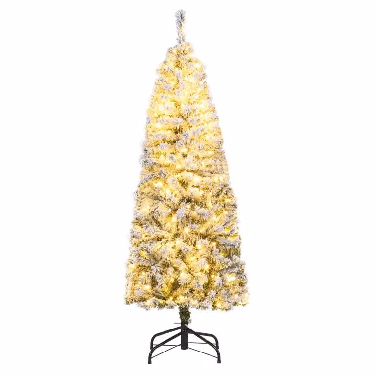 COSTWAY Albero di Natale artificiale 150 cm, albero di Natale a matita con 180 LED bianchi caldi, neve e 8 modalità, albero di Natale stretto, albero di Natale artificiale