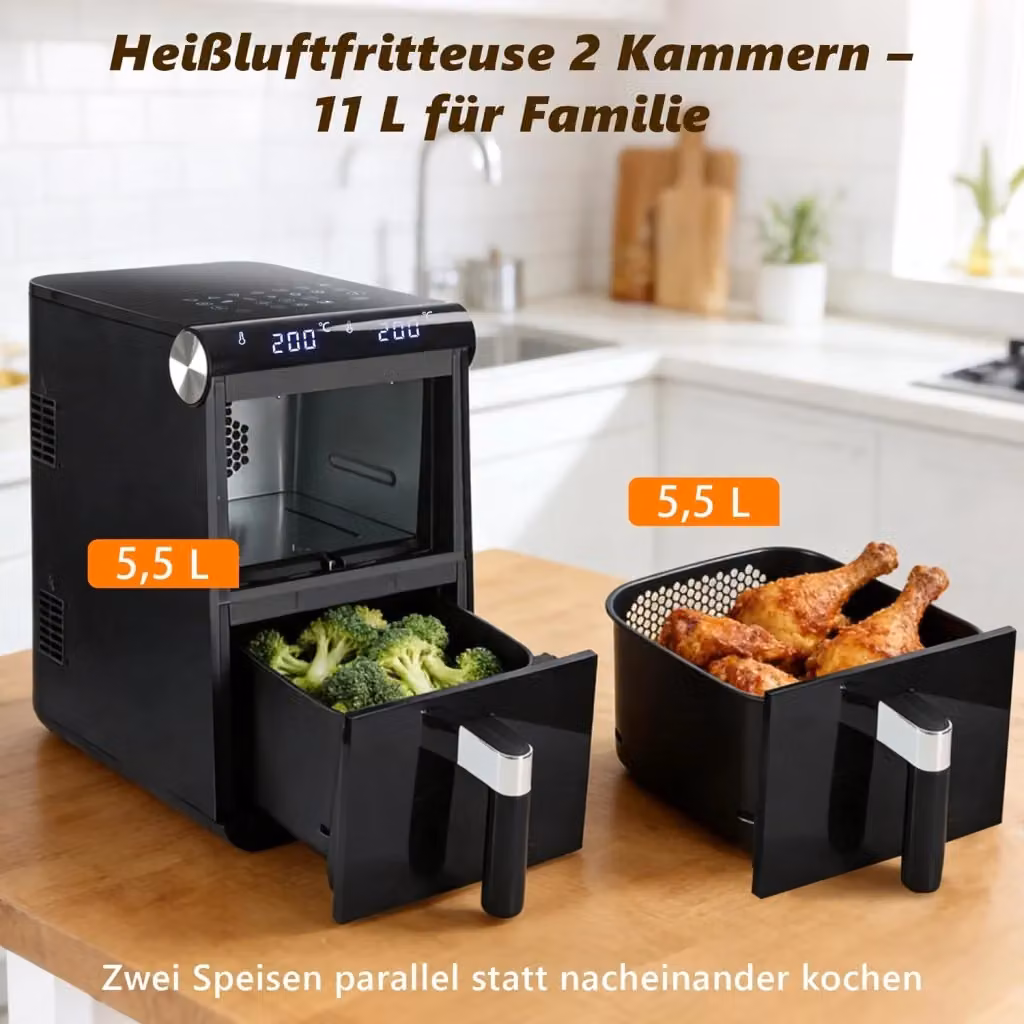ZMH Friggitrice ad aria 11L Dual Zone 13 in 1 con doppia zona di cottura, 2800W, display digitale e timer, colore nero – 2
