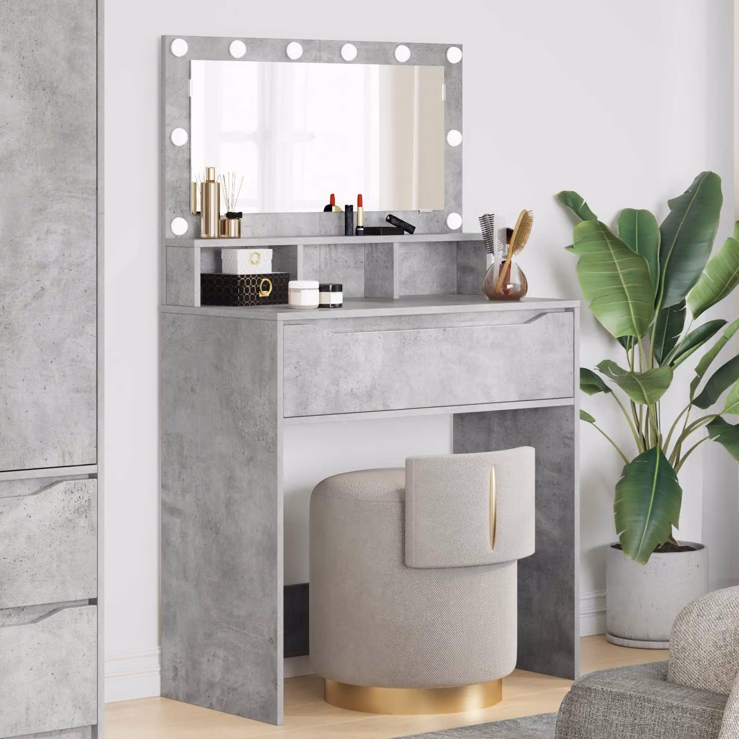 Tavolo da trucco moderno vidaXL con LED Hollywood, colore grigio, L: 135,0 cm, P: 39,5 cm, H: 80,0 cm