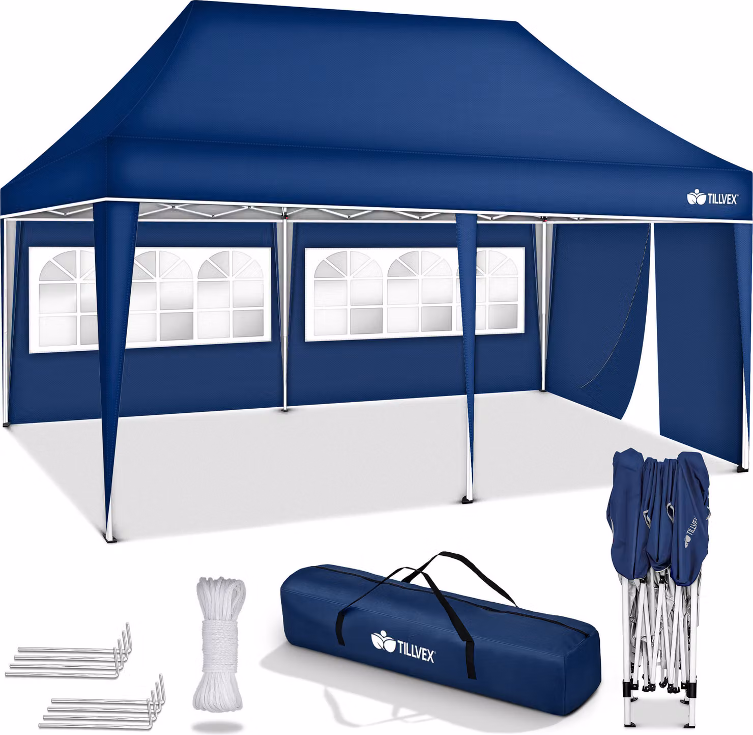 tillvex gazebo 3x6m - con 3 pareti laterali blu impermeabile | gazebo pieghevole pop-up regolabile in altezza | tenda da giardino protezione UV 50+ | tenda da festa con borsa per giardino