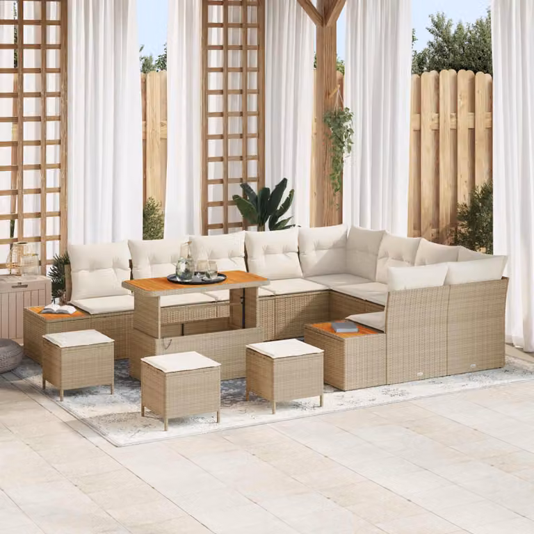 vidaXL Set Divano da Giardino a L con 13 Pezzi, Beige, con Cuscini e Tavolino da Caffè