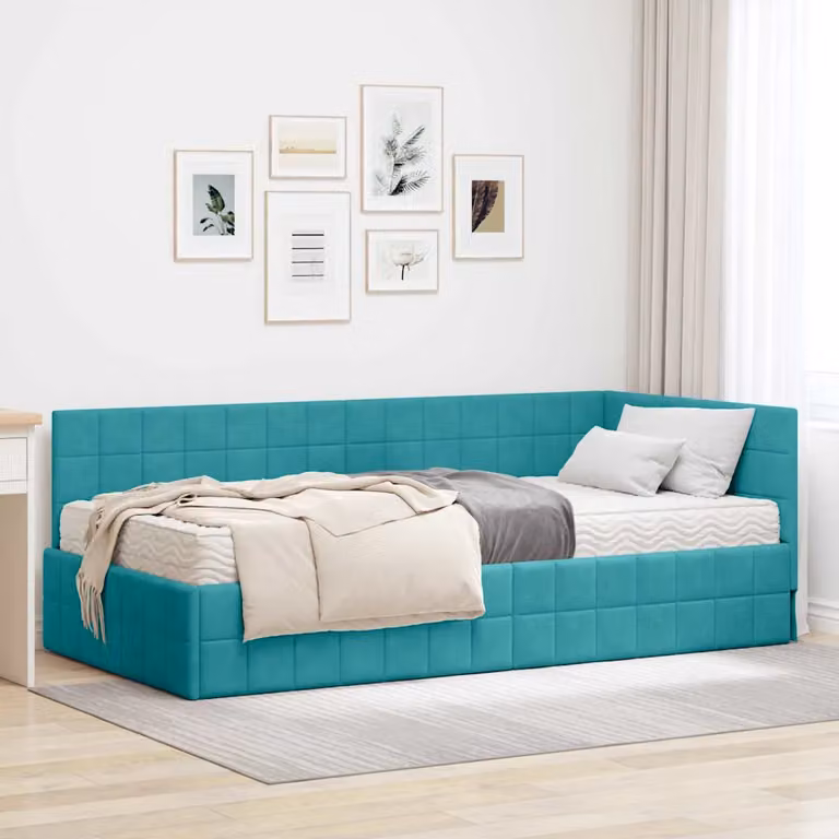 vidaXL Struttura Letto Angolare in Velluto Turchese con 2 Materassi in Schiuma, L/P/H: 200 x 100 x 72 cm
