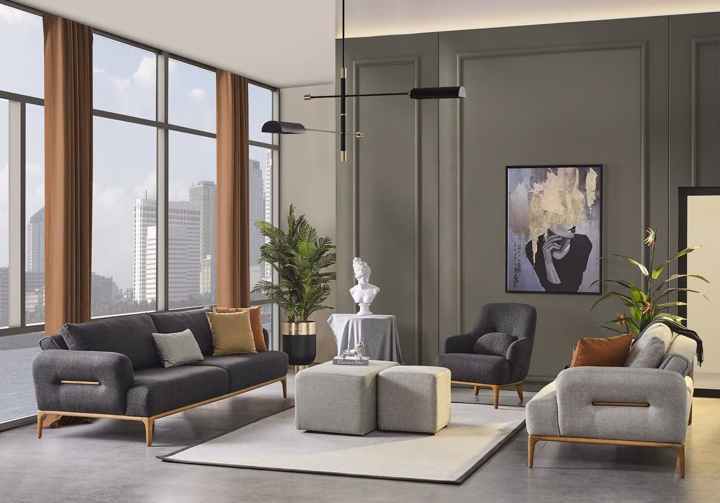 Sofagarnitur Sofa Sessel 431 Sitzer Stoff Luxus Grau Sofas Wohnzimmer