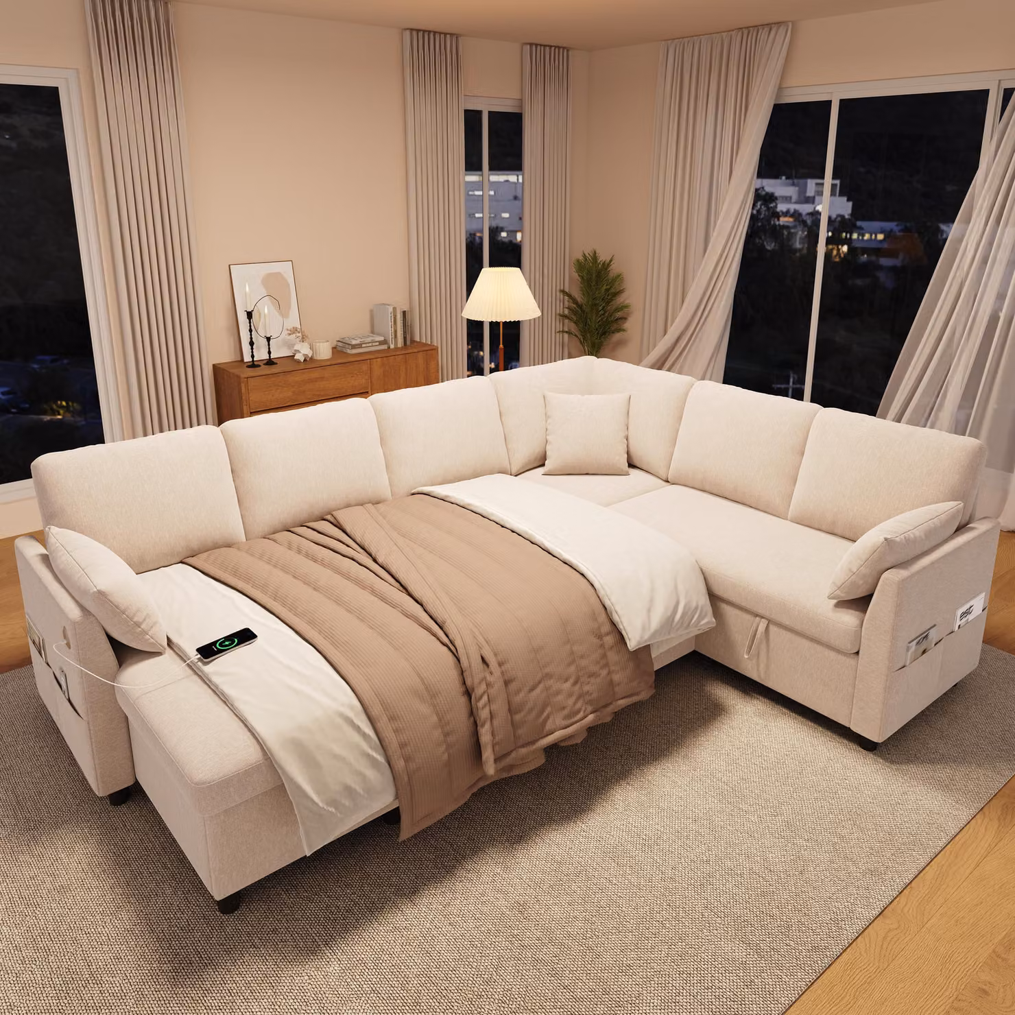 Divano angolare Merax con meccanismo letto, divano 6 posti con chaise longue, spazio contenitivo, porta USB Type-C, tasche laterali, 3 cuscini, divano letto, beige
