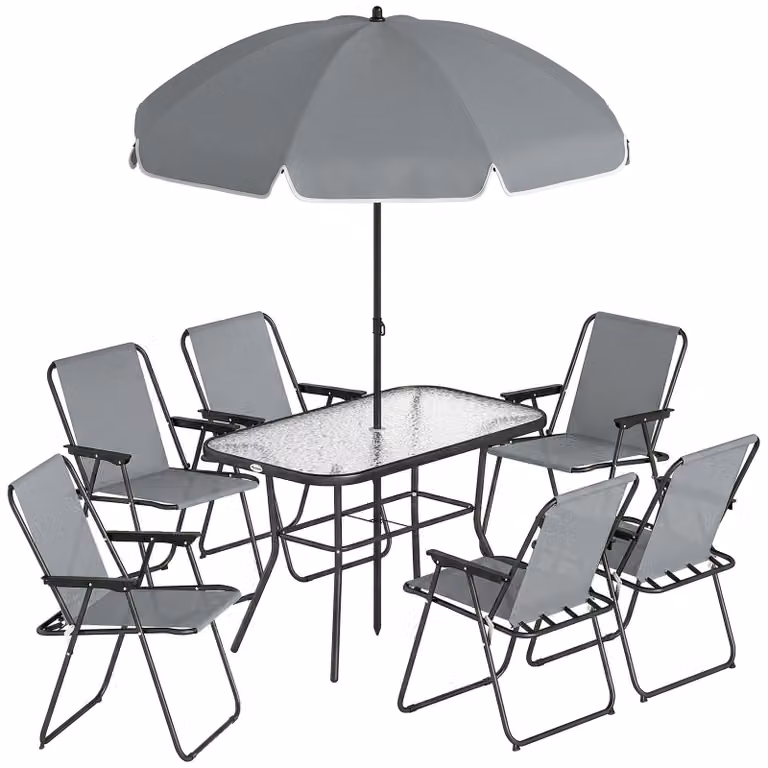 Set di mobili da giardino composto da 6 sedie pieghevoli, un tavolo e un ombrellone | Colore: Grigio | Dimensioni: 119x68x70 cm