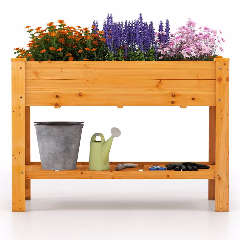 Aiuola da giardino rialzata in legno Costway con gambe e ripiano contenitore, Marrone, L: 120 cm, P: 60 cm, H: 80 cm