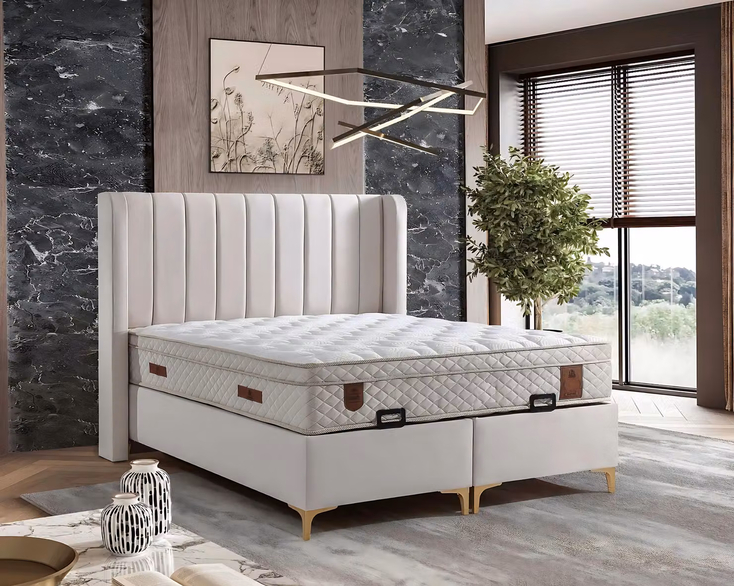 Elegantes Bett mit Matratze aus Textil in Beige