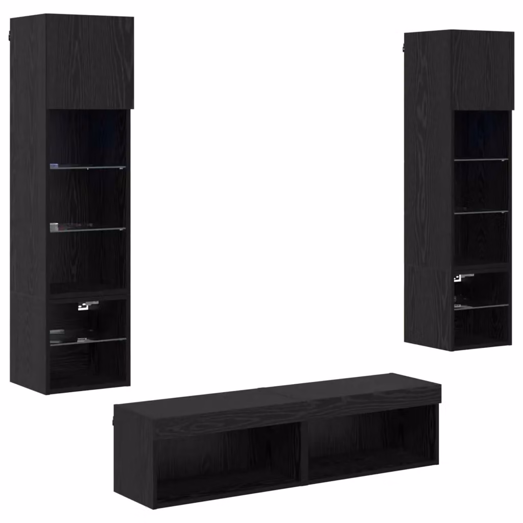 Unità TV da parete moderna vidaXL in legno e vetro, 6 pezzi, colore nero e rovere con illuminazione integrata – 2