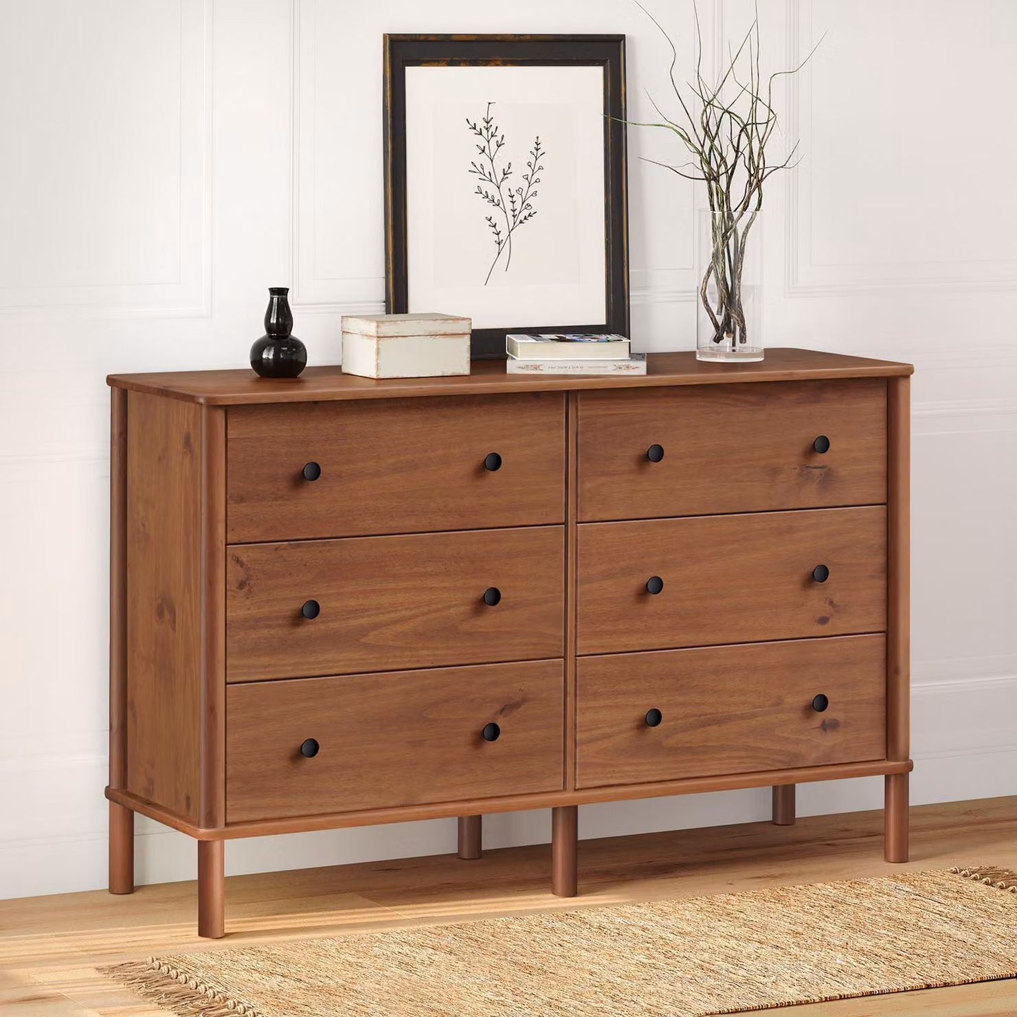 Comodà APOANA in legno massello con 6 cassetti, color castagno – Credenza con ampio spazio per riporre abiti e accessori, comodà da camera da letto in legno con guide metalliche e design scandinavo