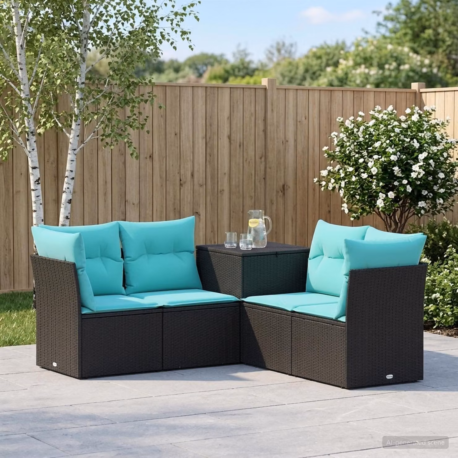 Set di divani da giardino a L vidaXL in polyrattan e metallo con cuscini inclusi, colori nero, blu e turchese