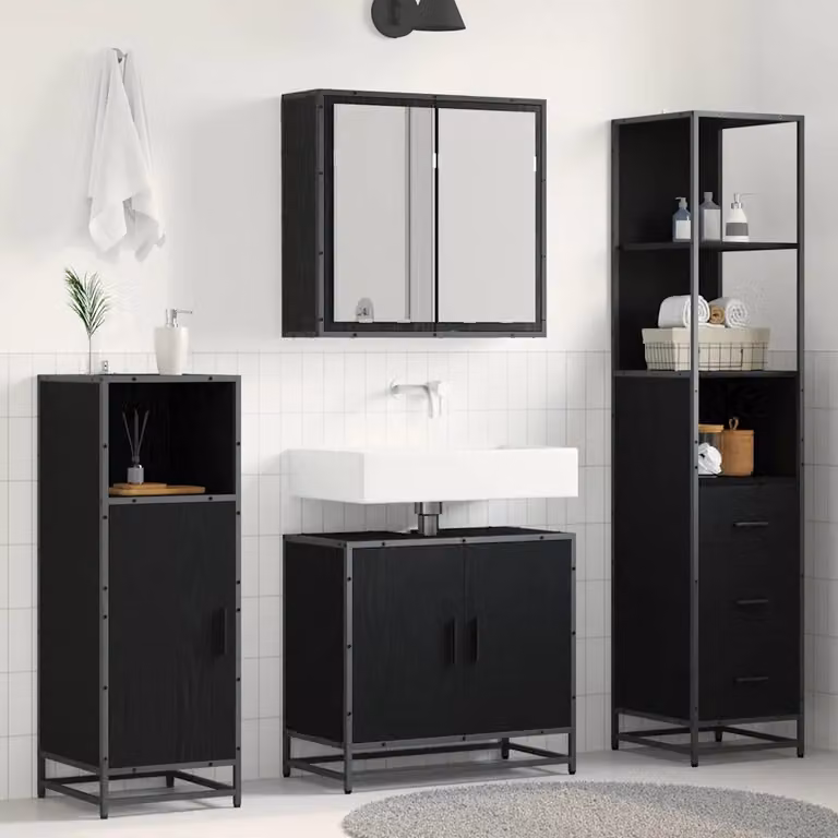 Set di mobili per il bagno moderno vidaXL in 3 pezzi, Rovere e Nero, con mobile sottolavabo e armadietto con specchio, L/P/H: 166 x 62,08 x 65 cm