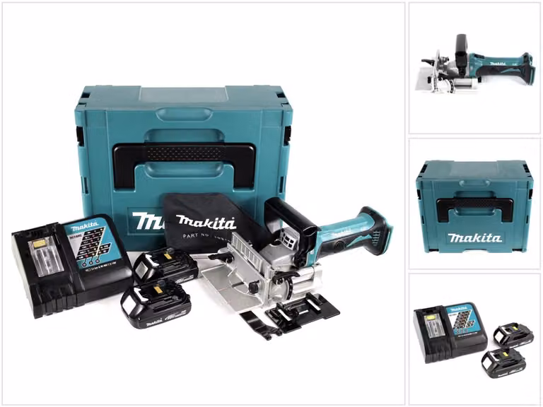 Fresatrice e scanalatrice a batteria Makita DPJ 180 RYJ 18 V Li-Ion in Makpac + 2 batterie da 1,5 Ah + caricabatterie + caricabatterie